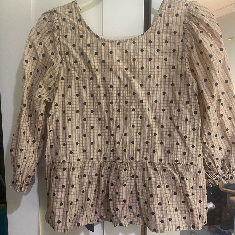 Plaid Polka Dot Peplum Top - Beige/Black